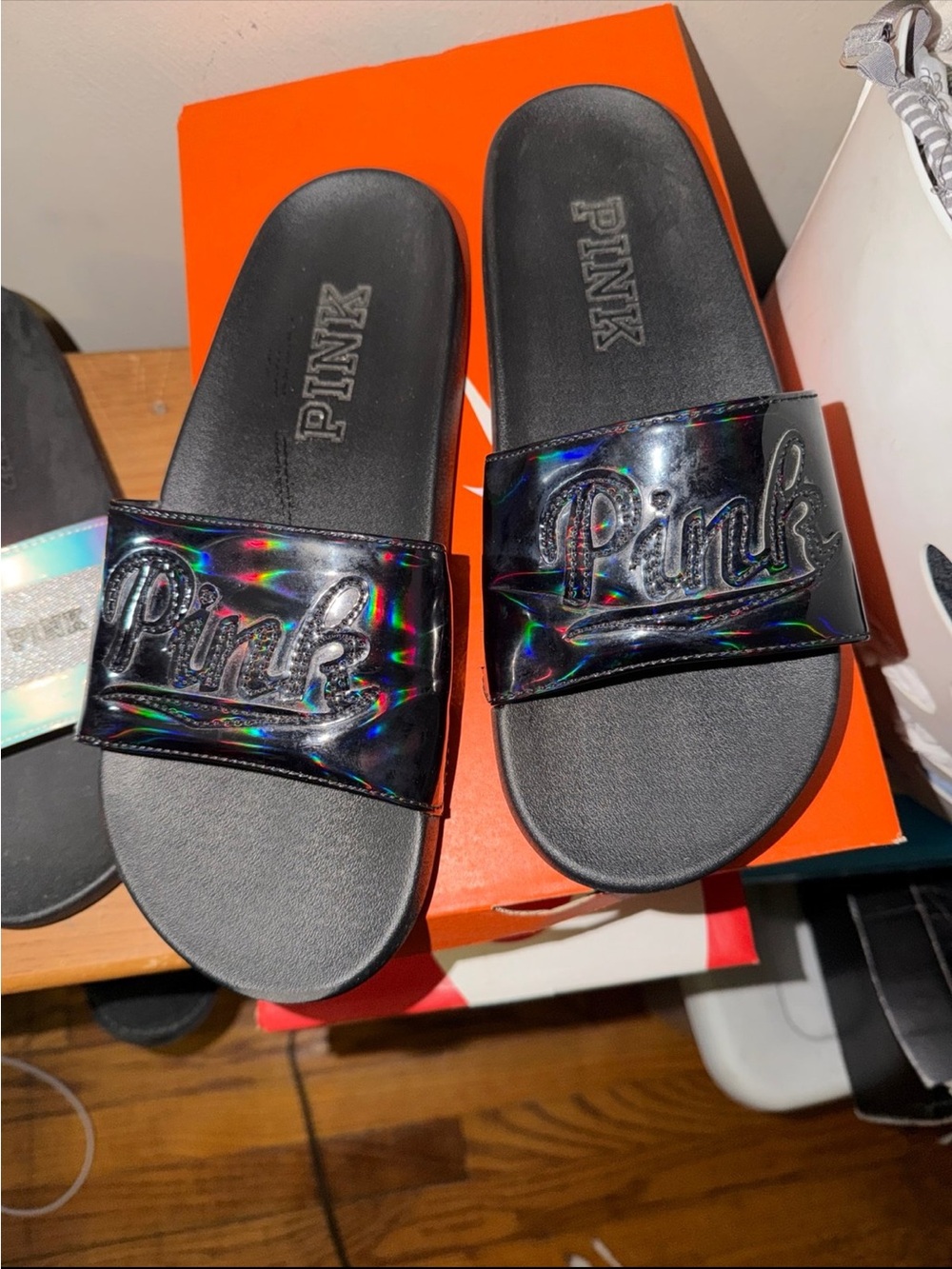 PINK Victoria's Secret Black Holographic Logo Slide Sandals large 8/9